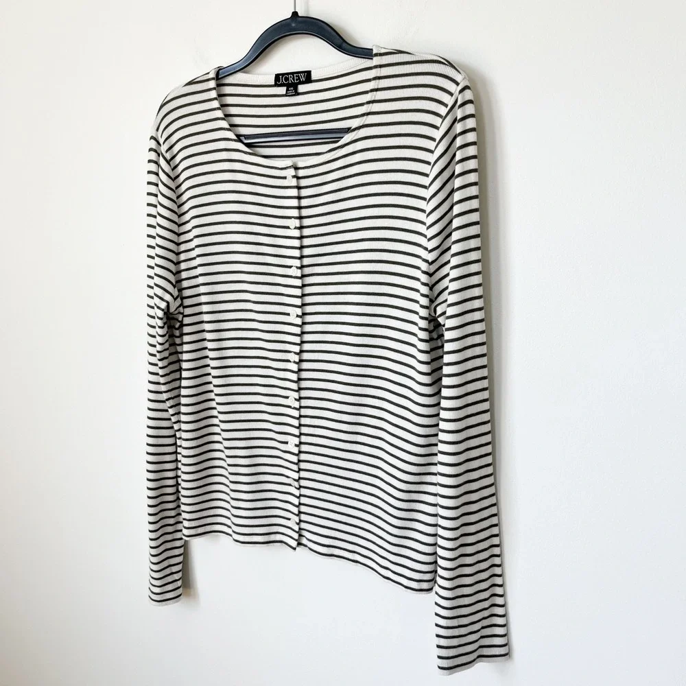 J.Crew Fine Rib Knit Cardigan Cream Green Stripe Womens XXL Cotton Modal
